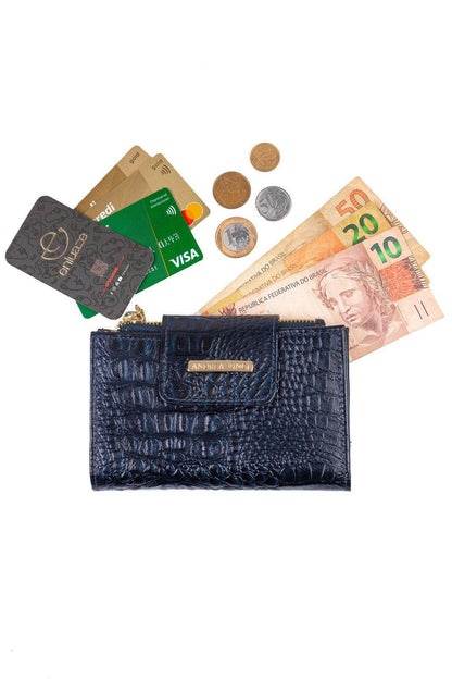 Carteira feminina de couro croco Lanna 10x15,5cm