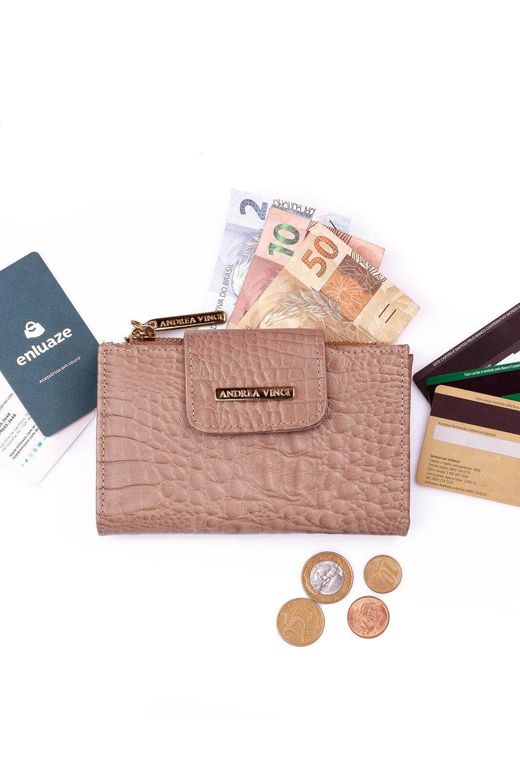 Carteira feminina de couro croco Lanna 10x15,5cm