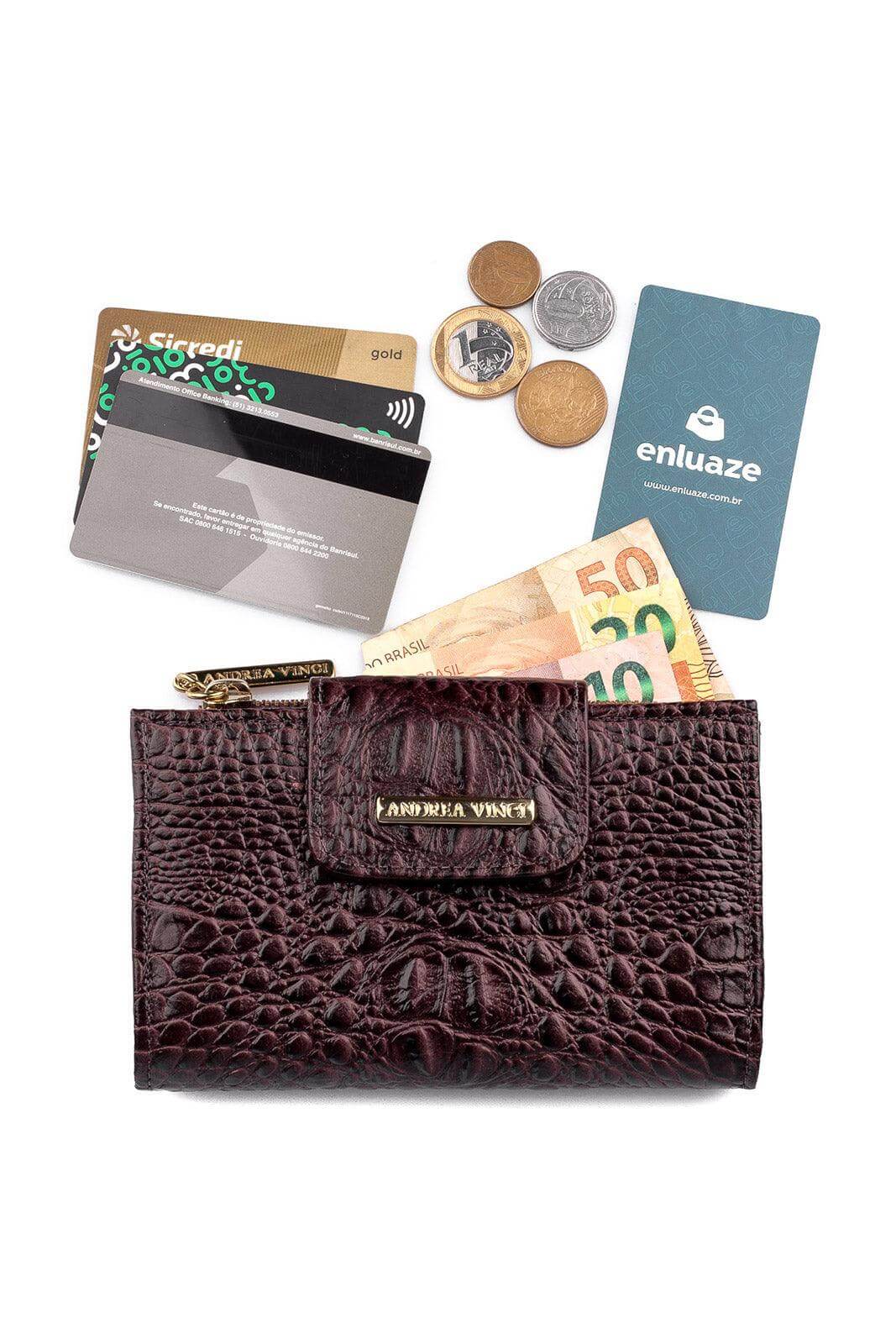 Carteira feminina de couro croco Lanna 10x15,5cm