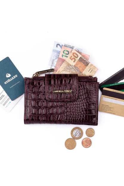 Carteira feminina de couro croco Lanna 10x15,5cm