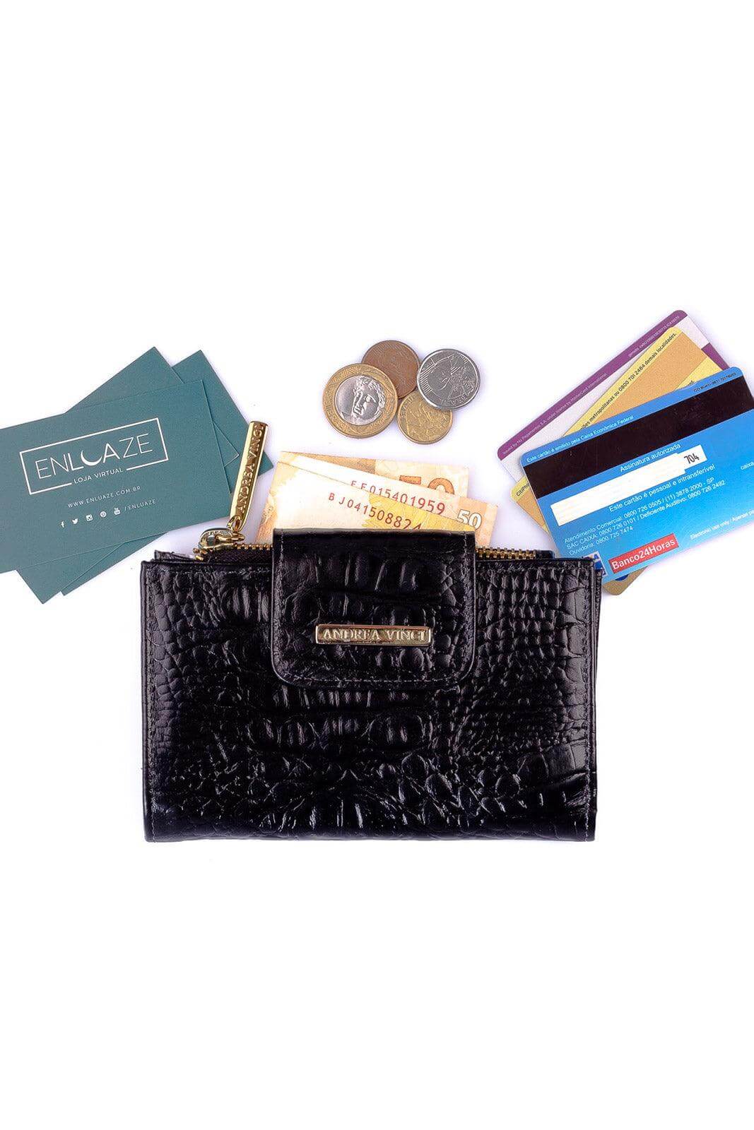 Carteira feminina de couro croco Lanna 10x15,5cm