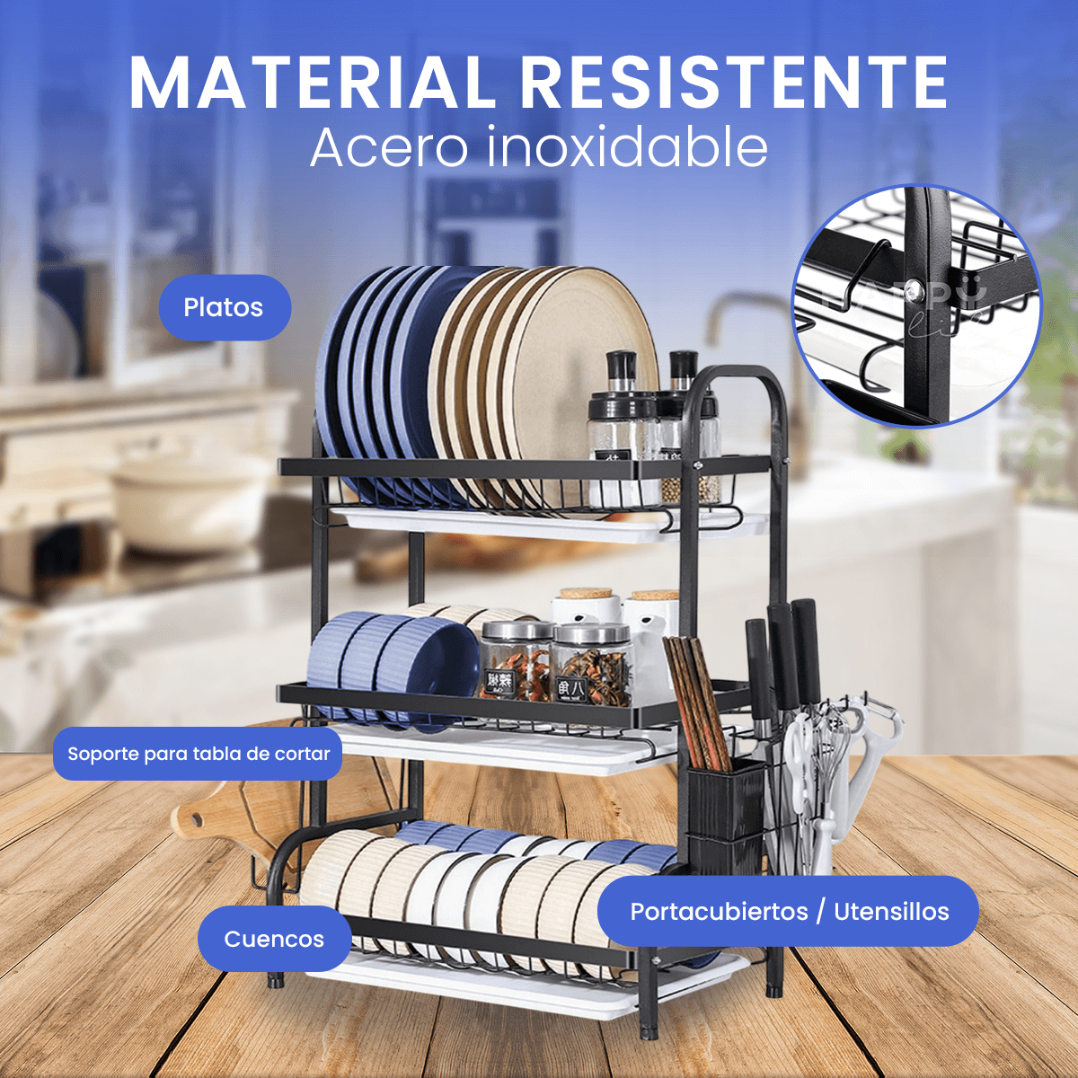 Escurridor De Trastes acero inoxidable 3 niveles, Organizador de cocina gran capacidad, Escurridor de platos de fácil Armado, soporte para utensilios de cocina, cubiertos y tabla de picar