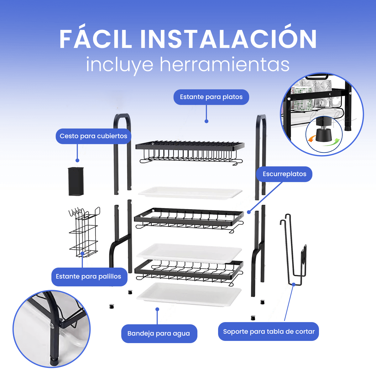 Escurridor De Trastes acero inoxidable 3 niveles, Organizador de cocina gran capacidad, Escurridor de platos de fácil Armado, soporte para utensilios de cocina, cubiertos y tabla de picar