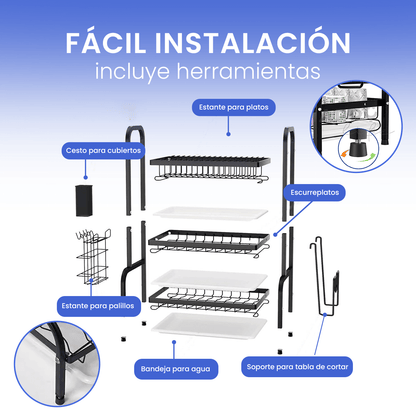 Escurridor De Trastes acero inoxidable 3 niveles, Organizador de cocina gran capacidad, Escurridor de platos de fácil Armado, soporte para utensilios de cocina, cubiertos y tabla de picar