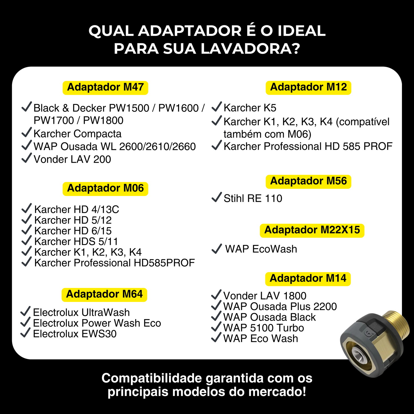 Pistola de Alta Pressão Preta c/ Engate Rápido e 4 bicos para jato de água com Adaptador Lavadora
